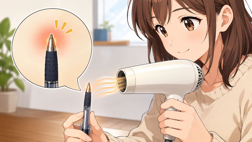 インクが冷えて固まっているなら、温めるのが一番の近道です。ドライヤーの温風をペン先に30〜40秒ほど当ててみてください