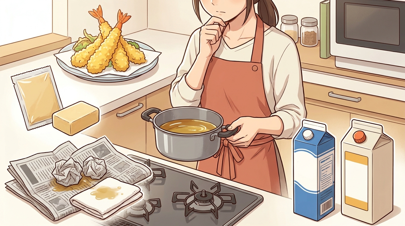 廃油を牛乳パックに入れる
