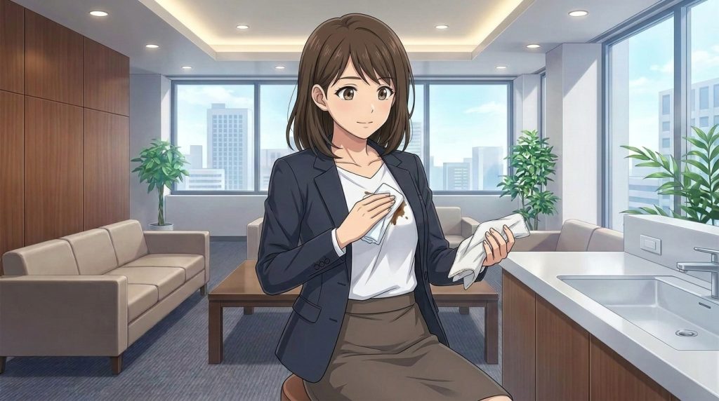 コーヒーをこぼした場合、着替えがないときは２枚の布を使ってその場で対処