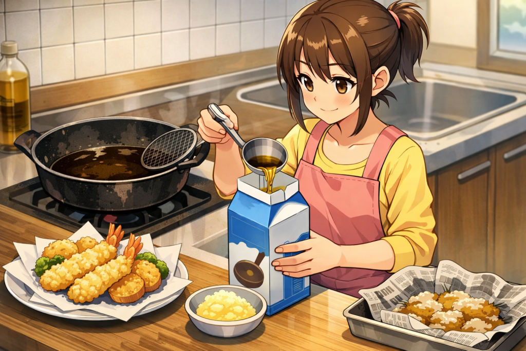 廃油を牛乳パックに入れる