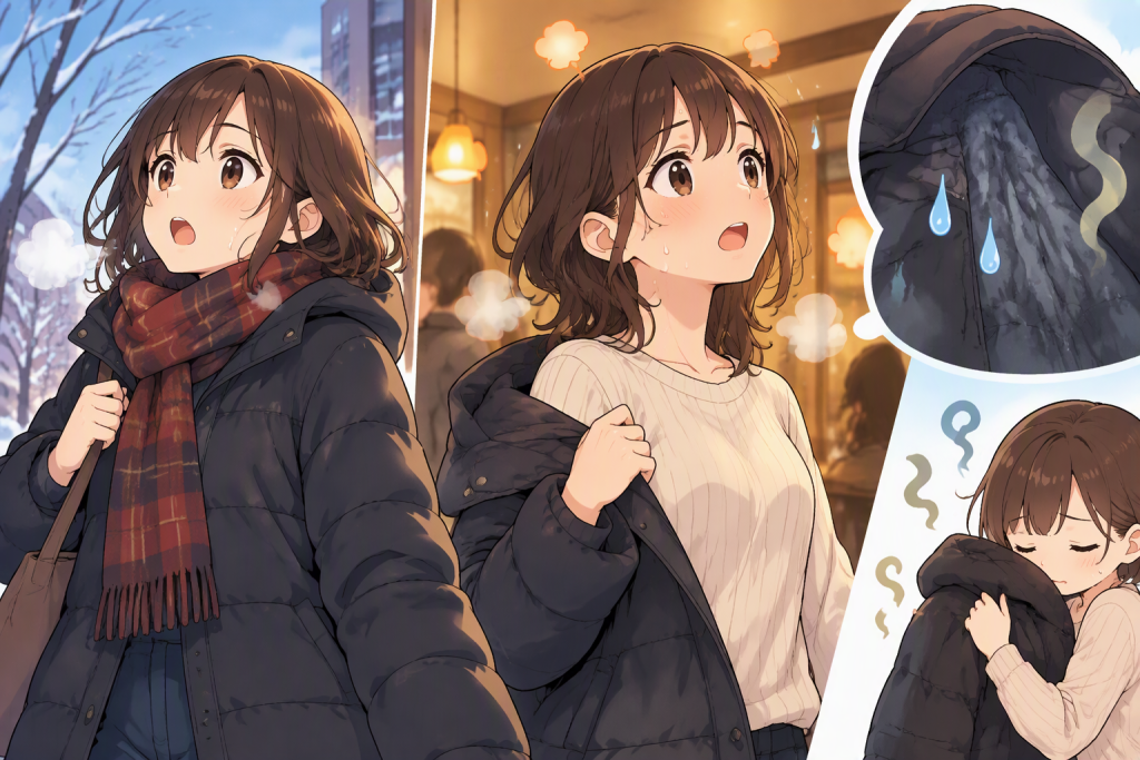 厚手のコートやジャンパーを着て歩いたり、暖房の効いたお店に入ったりすると、意外とじんわり汗をかいているものです
