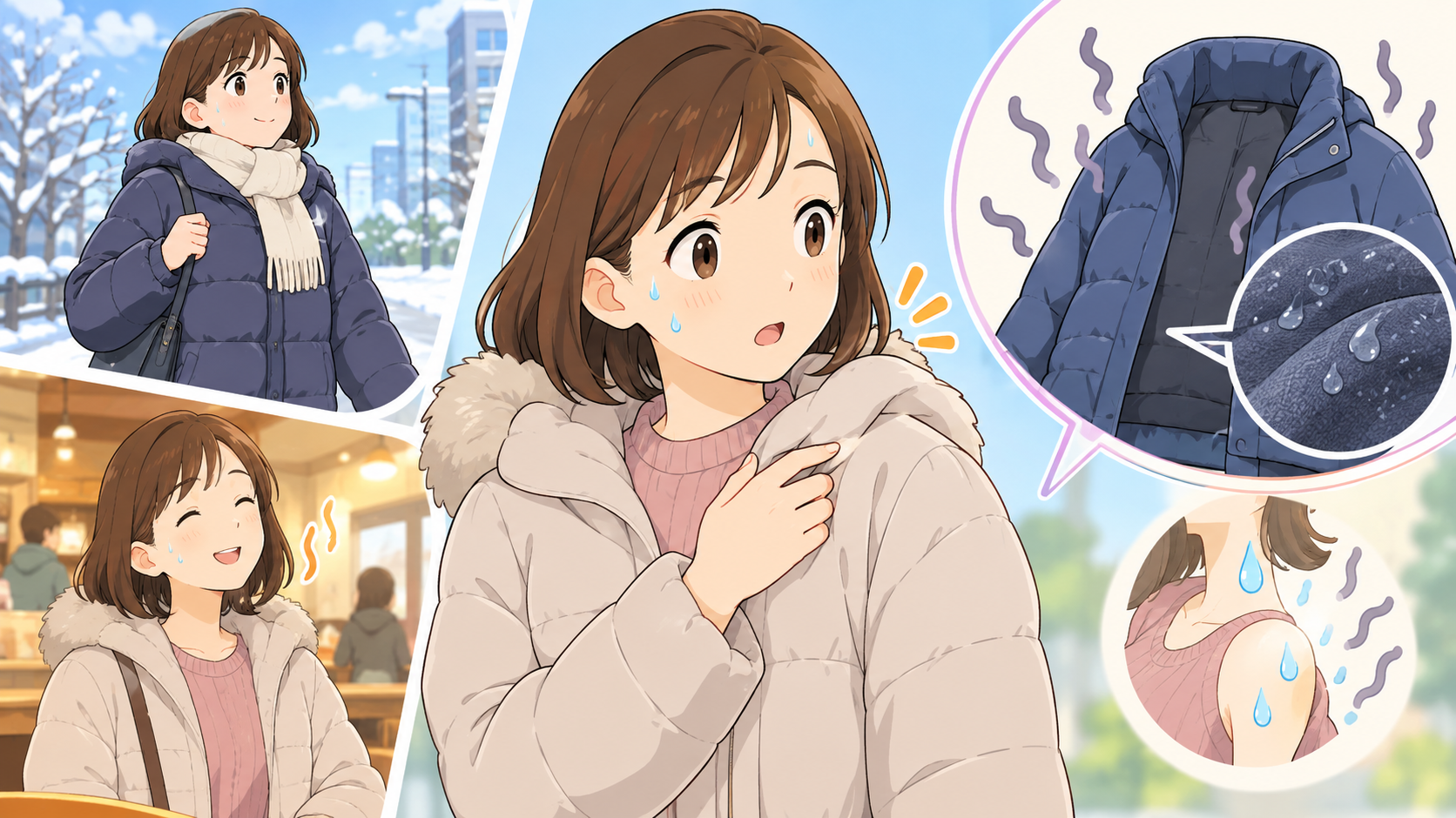 厚手のコートやジャンパーを着て歩いたり、暖房の効いたお店に入ったりすると、意外とじんわり汗をかいているものです