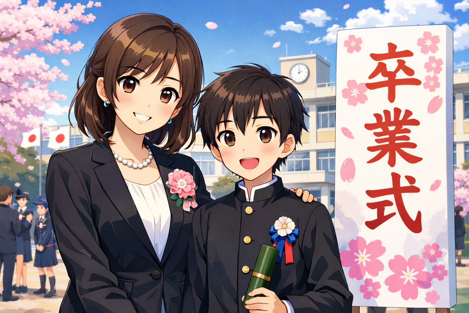 卒業式の日の母と息子