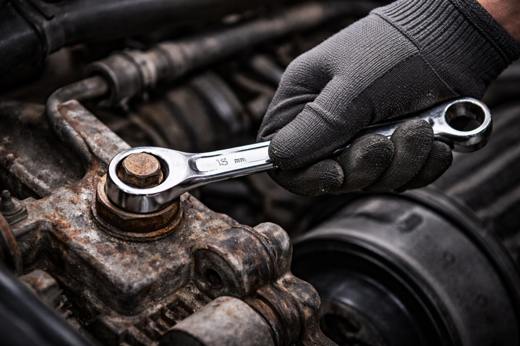 メカニックの手と錆びたボルト