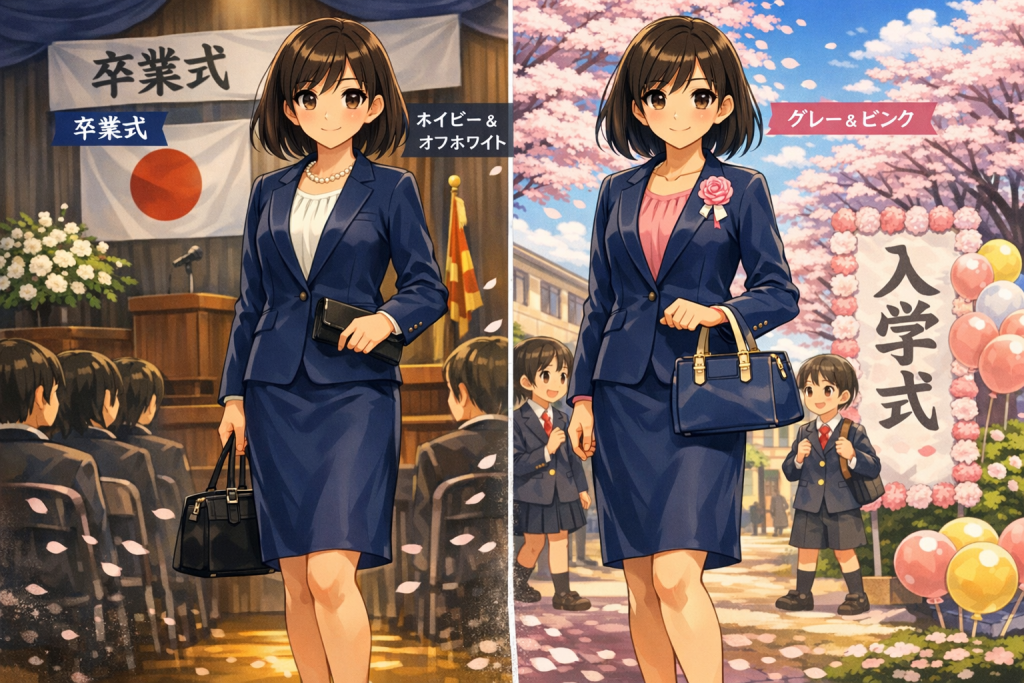 ネイビーのスーツを着回す母親