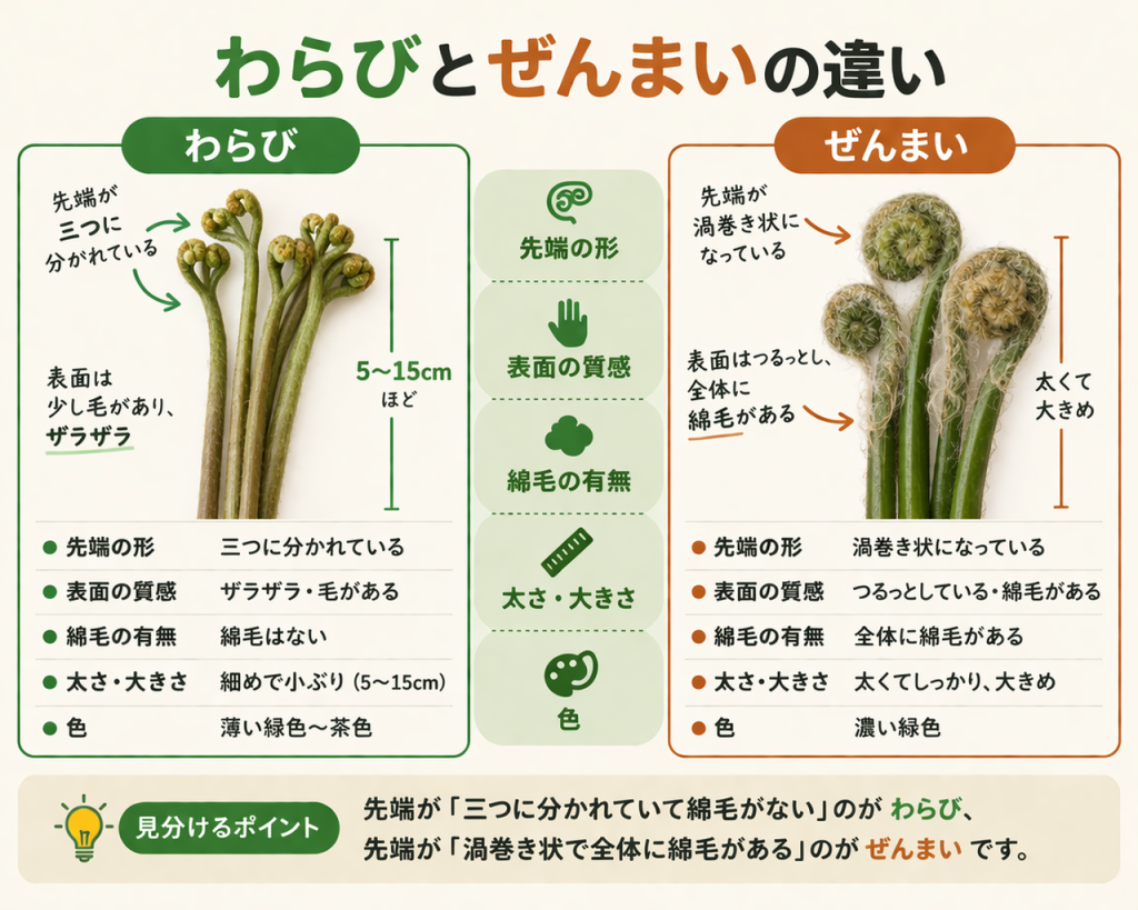 わらびとぜんまいの見た目の違い