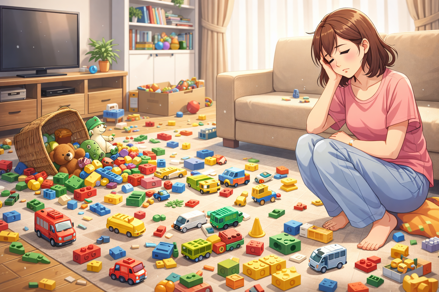 リビングに散らばったブロックやミニカー