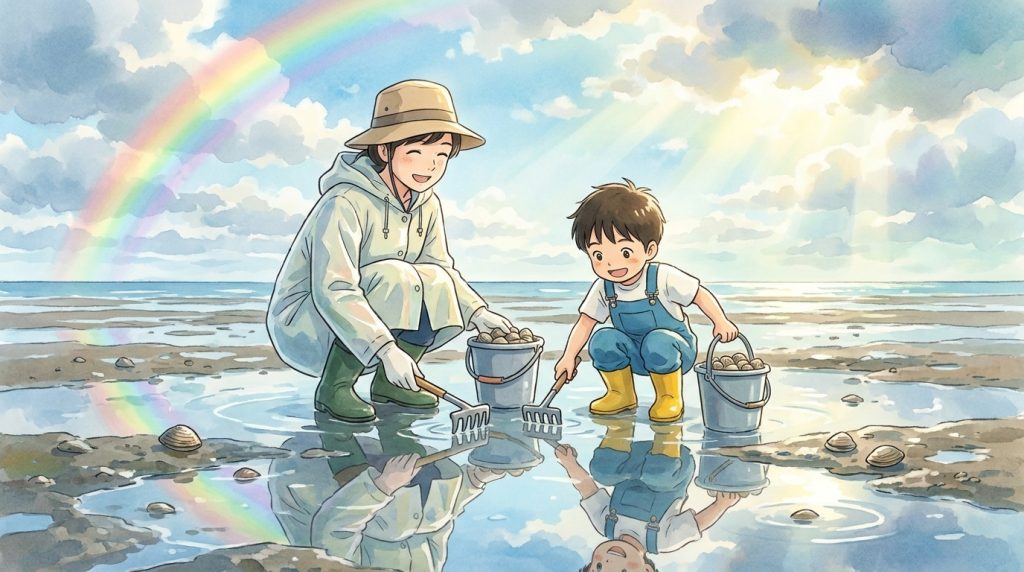 雨上がりの潮干狩りでアサリが獲れる
