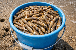 新鮮な大量のマテ貝