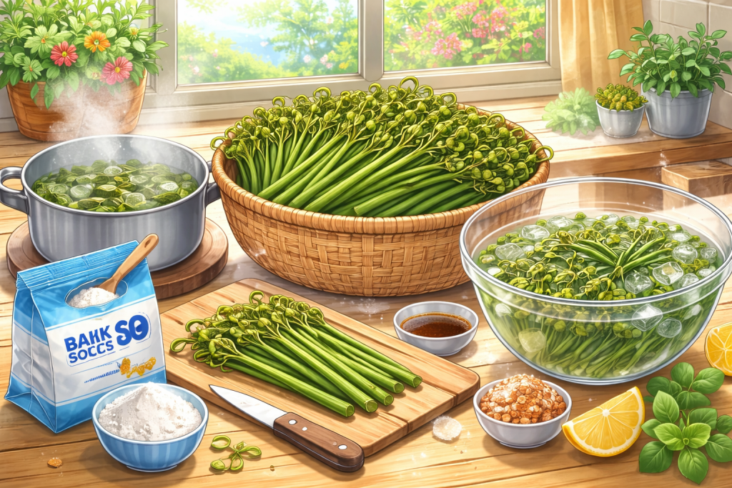 春のキッチンとワラビ