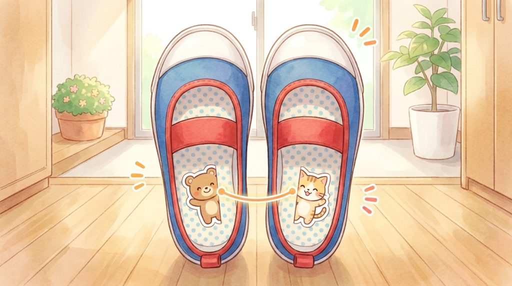 下記の記事から連想されるアイキャッチ画像を指示に従って生成してください。
---
# 指示
## アスペクト比
- 16:9
## 画風
- アニメ風
## 注意点
- 画像には文字列を入れない
## 記事
最もポピュラーで、多くのママたちが実践している方法です。お気に入りのシールを1枚用意して、半分に切ります。そのシールを、左右の上履きのインソール(中敷き)の内側に、つなげて見えるように貼るだけ。
両方の上履きを正しく並べると絵が完成し、逆に置くとバラバラになります。子どもが「絵がつながった!」と確認できるので、直感的に左右を判断できます。キャラクターシールを使えば、子どもが喜んで自分で確認するようにもなりますよ。
---