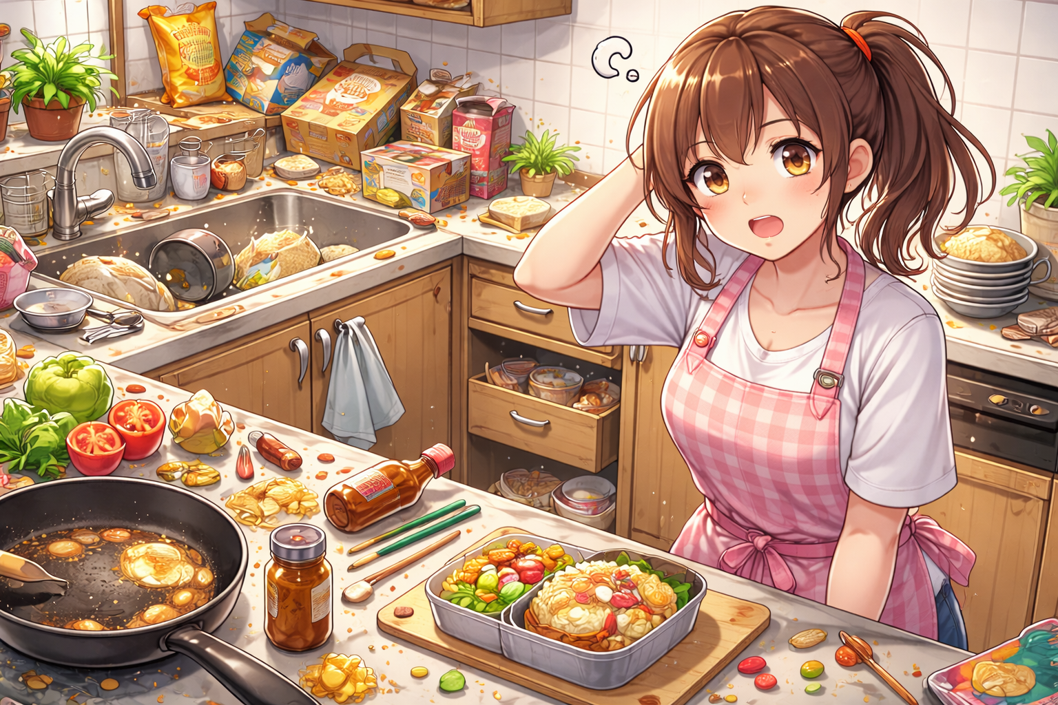 キッチンの大混乱に困惑する女性