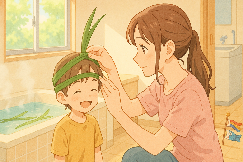 菖蒲を頭に巻く子供