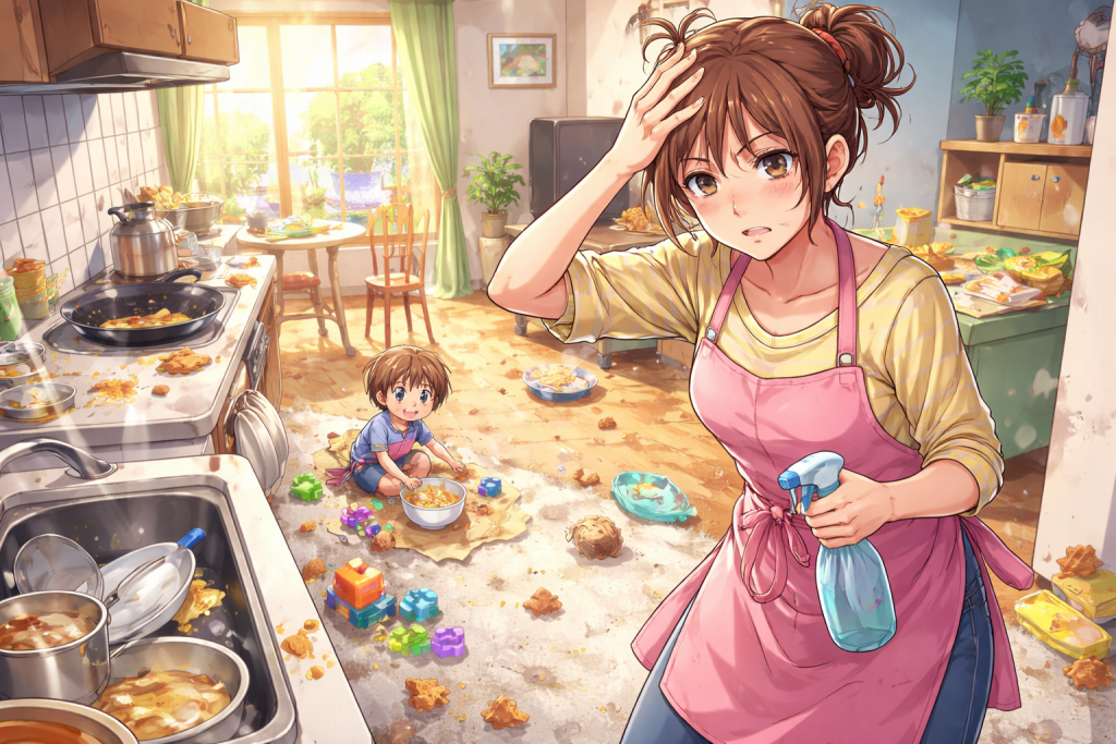 忙しいお母さんと散らかった部屋