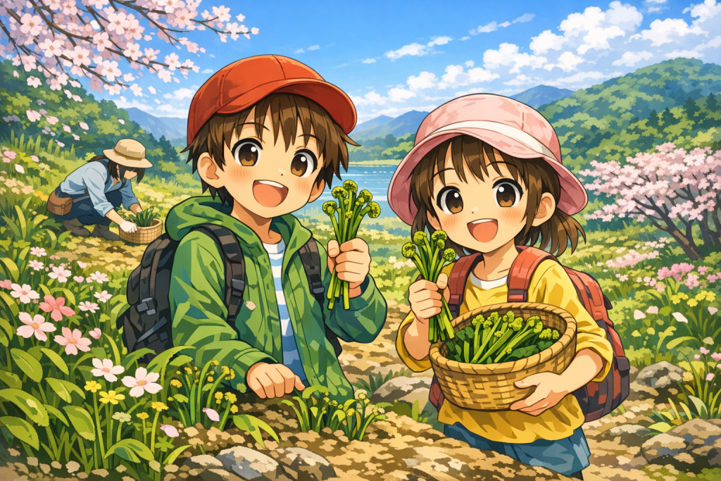 採りごろのわらびを春の山で見分けて収穫