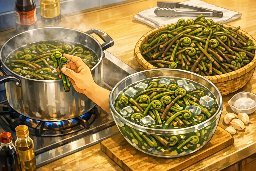 キッチンで大量のぜんまいを調理