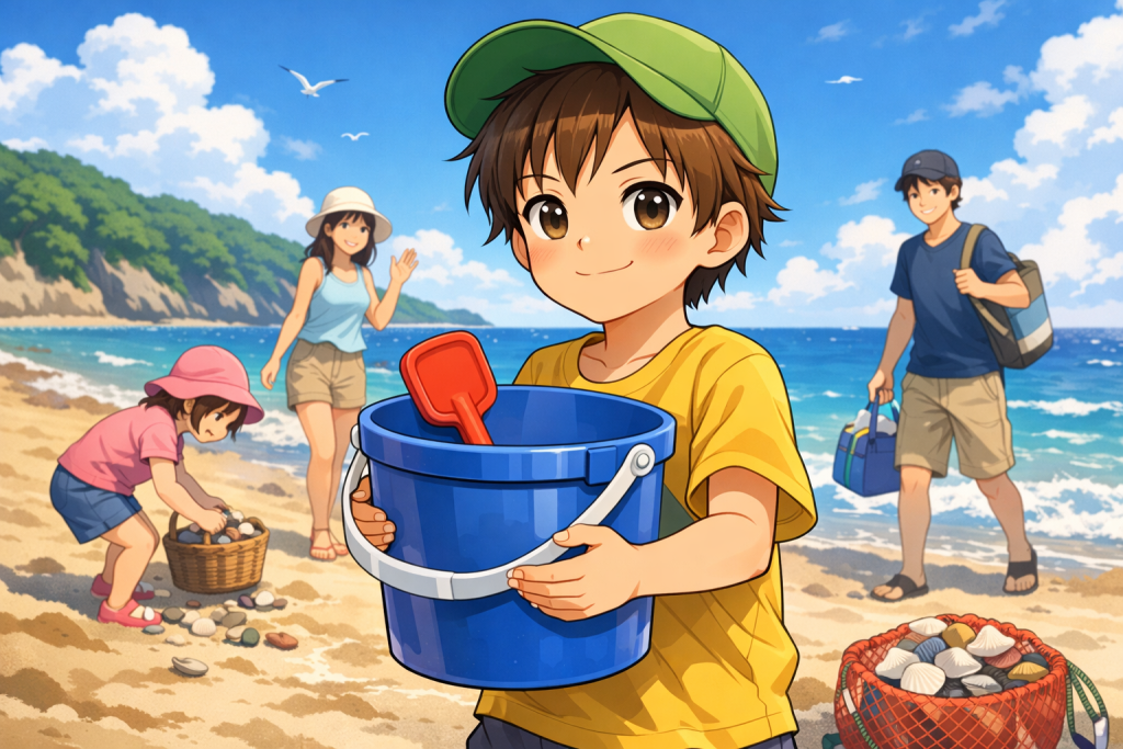 潮干狩りでバケツ係の子供