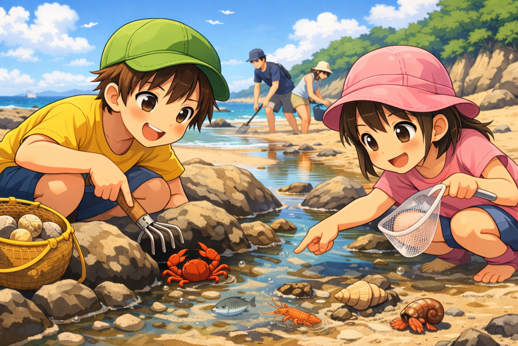 砂花で生き物を探す子供