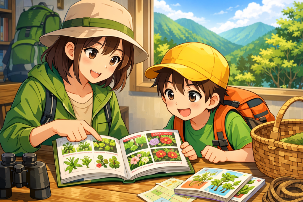 親子で山菜図鑑を見る