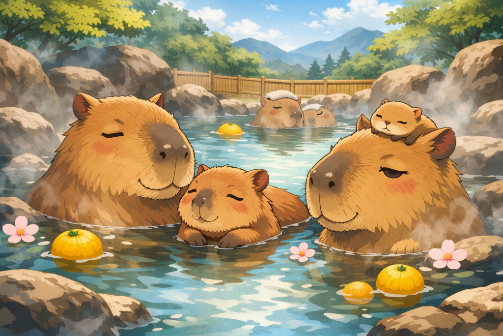 温泉でくつろぐカピバラたち