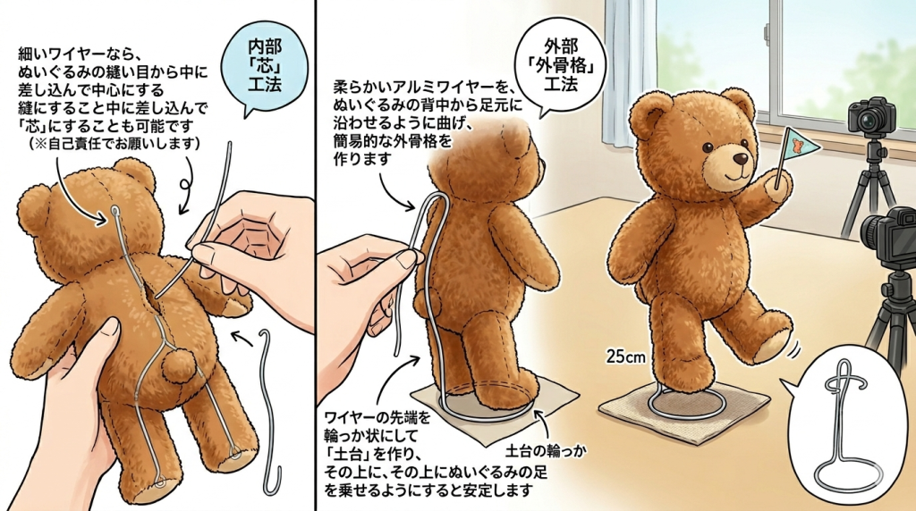 ワイヤーを使ってぬいぐるみを絶たせる方法