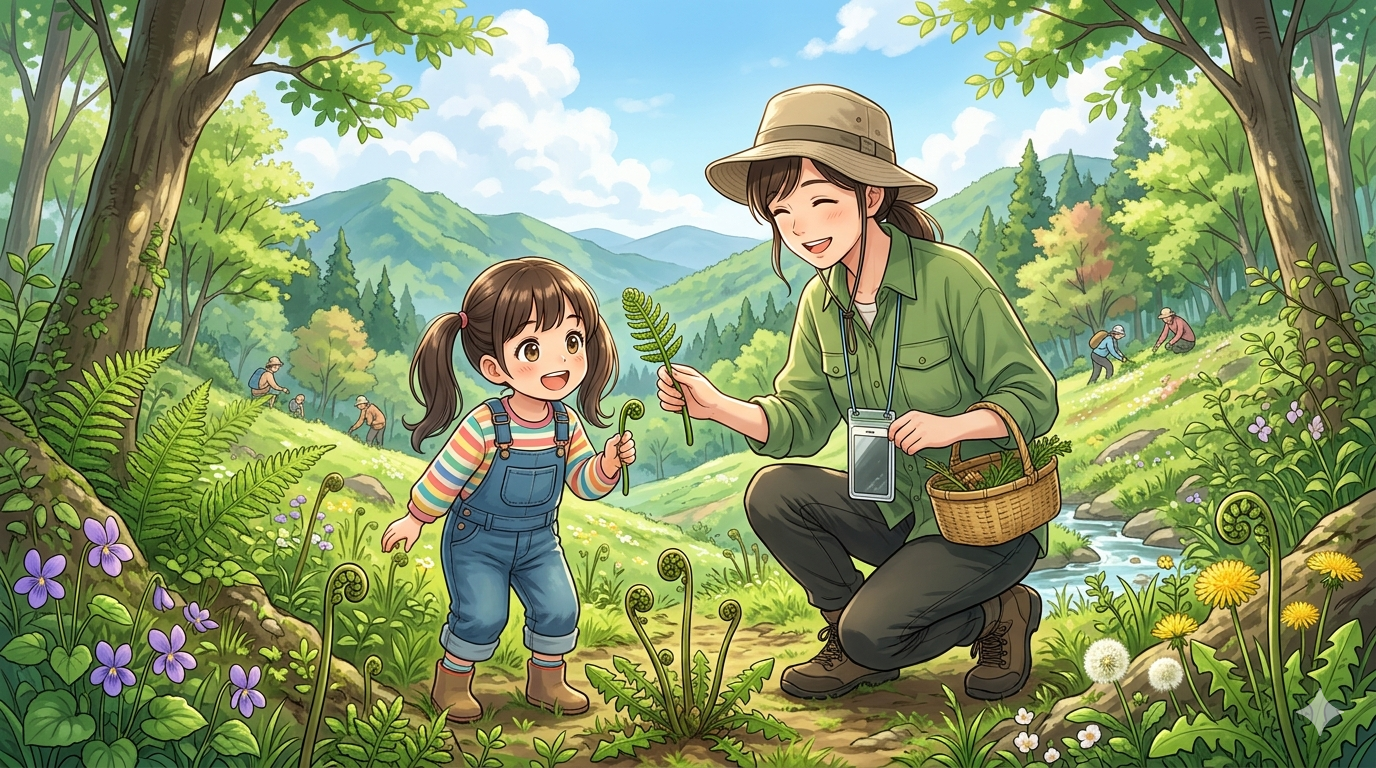 春の野山で親子がわらび探し
