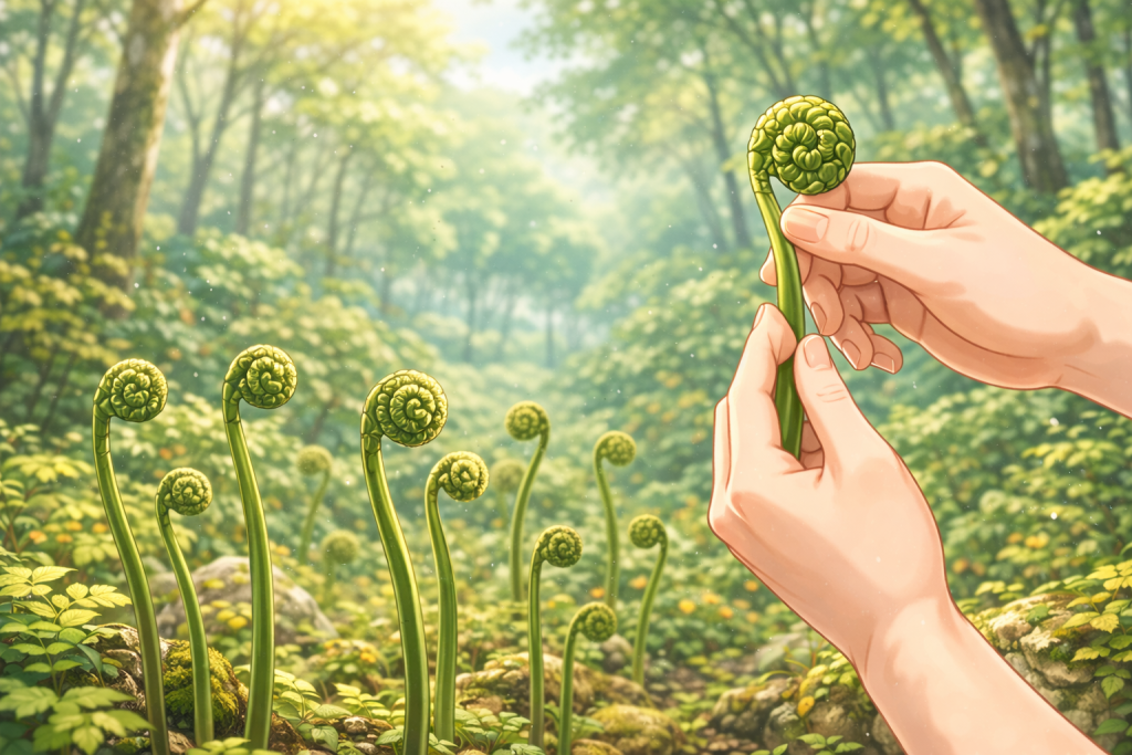 採りごろのわらびを春の山で見分けて収穫