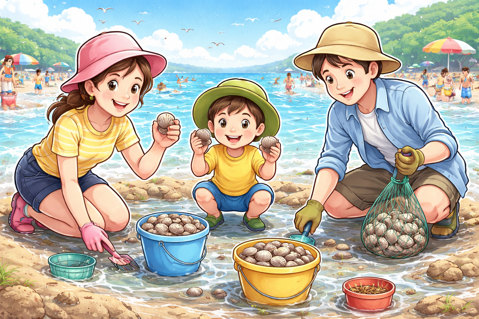 家族で潮干狩りを楽しむ