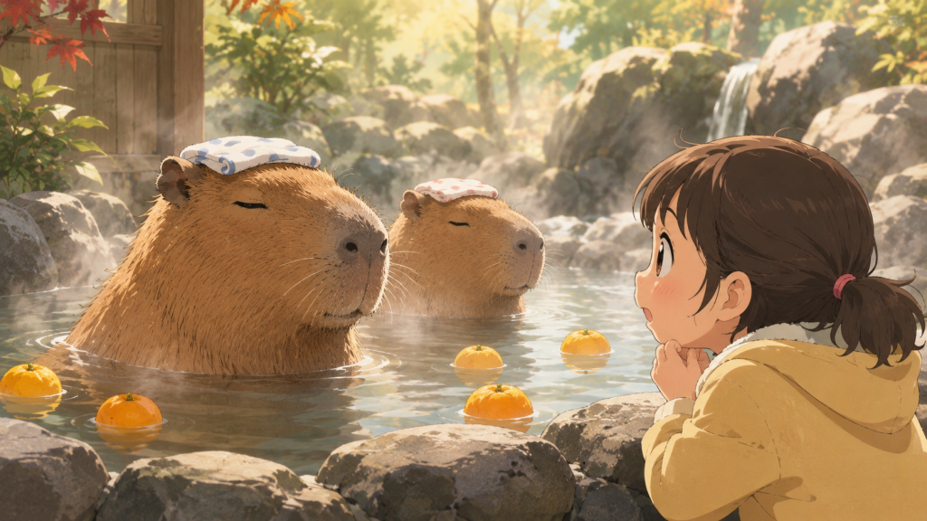温泉でくつろぐカピバラたち