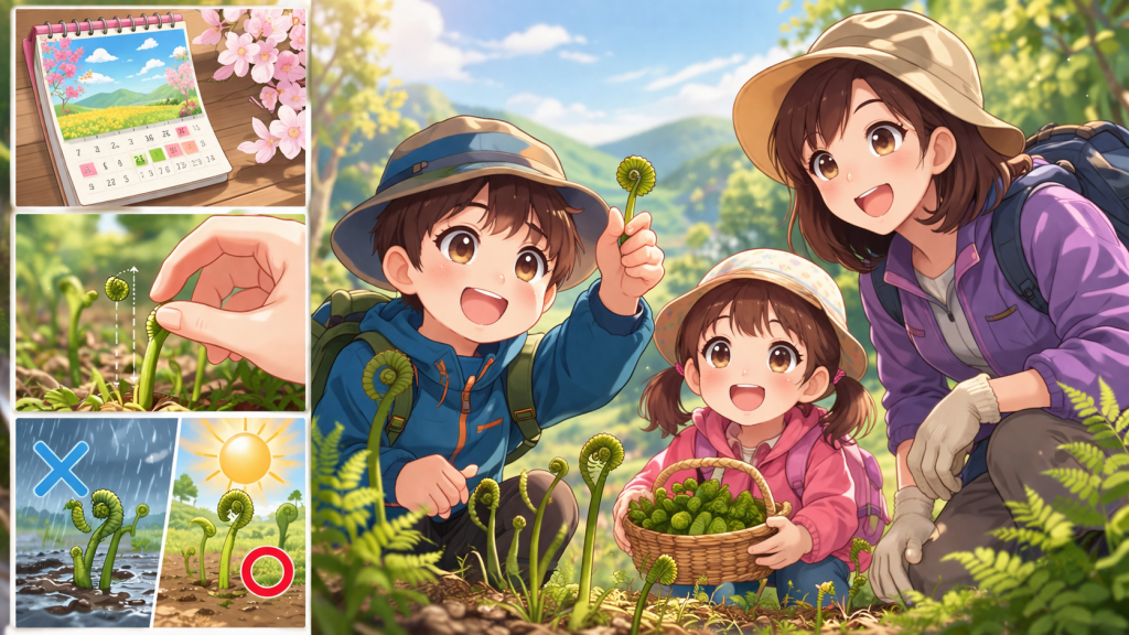 採りごろのわらびを春の山で見分けて収穫