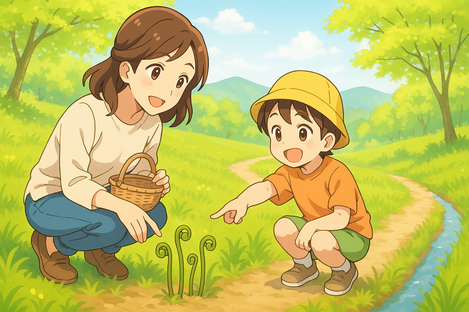 春の野山で親子がわらび探し