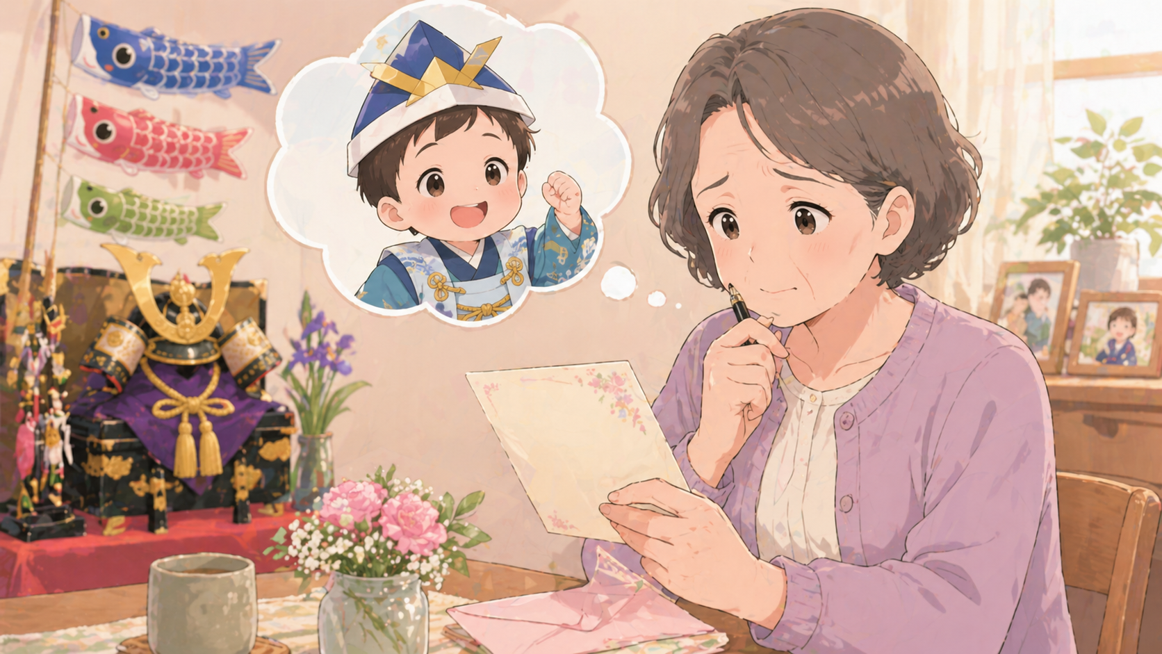 孫のこどもの日に何を書いたらいいのか迷う女性