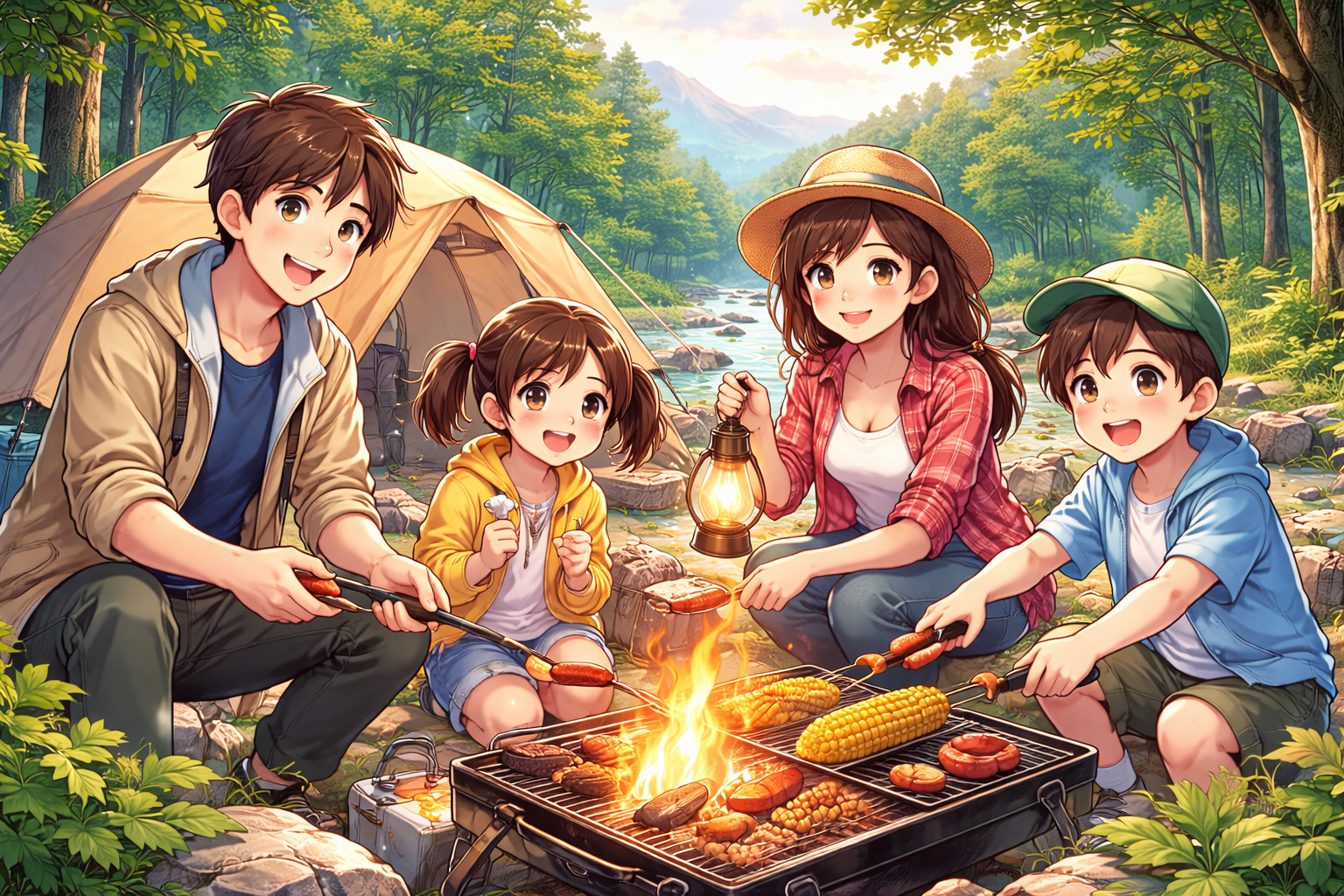 家族とキャンプファイアの夕暮れ