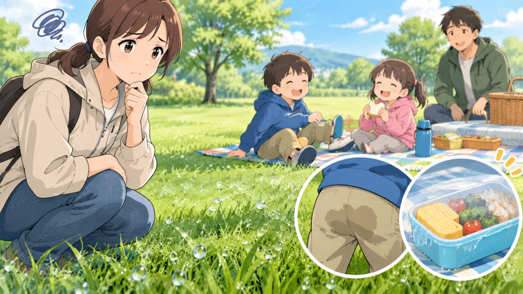 濡れた芝生でのピクニック