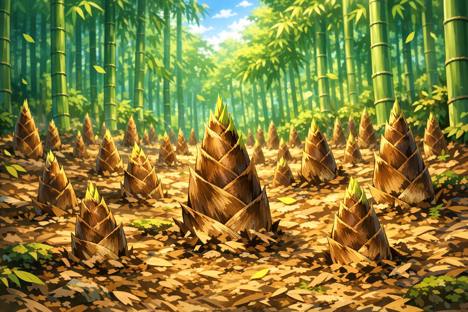 地面に生えている大量のタケノコ