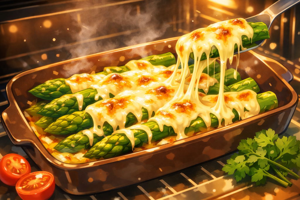 アスパラにとろけるチーズがかかった温かい料理