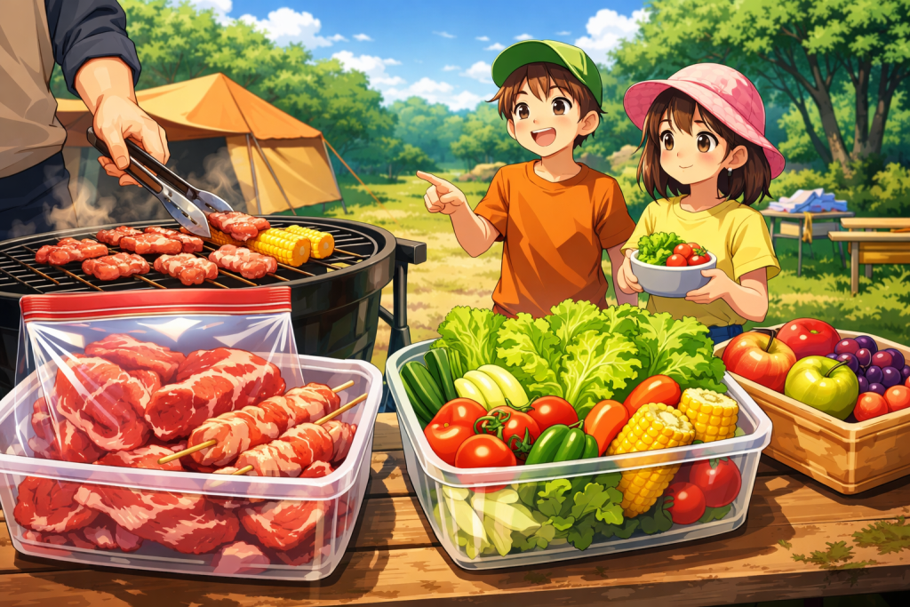 バーベキューの肉と野菜