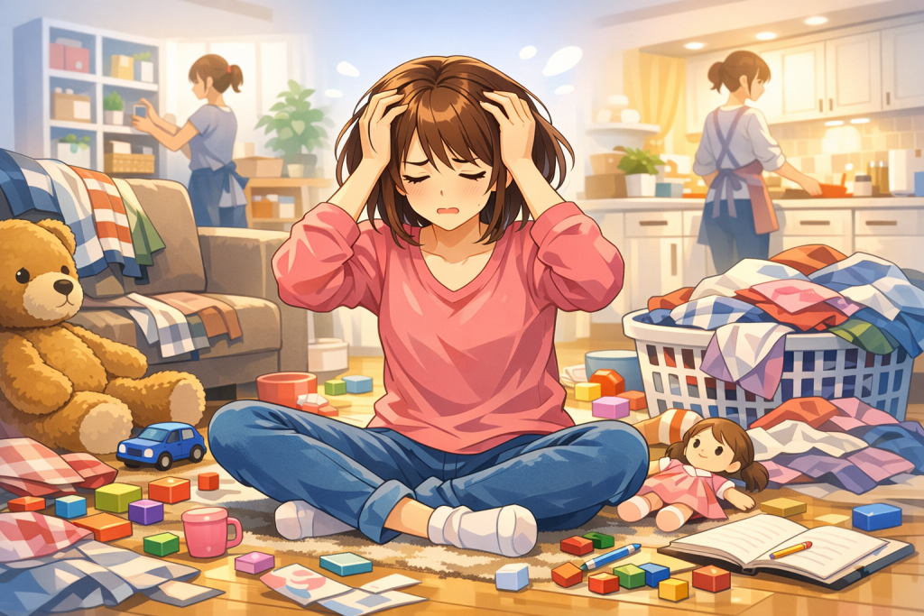 疲れた母と散らかったリビング