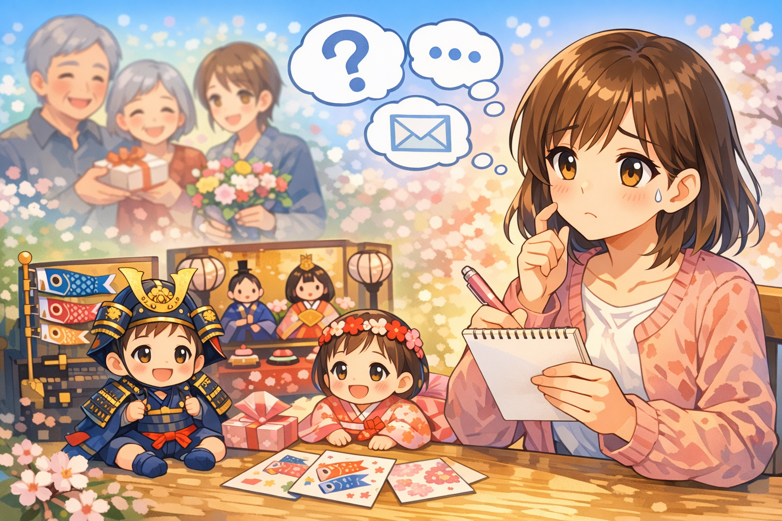 初節句のメッセージを考えて迷う女性