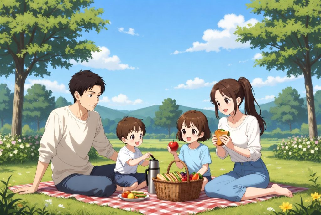 天気のいい日にピクニックをする家族