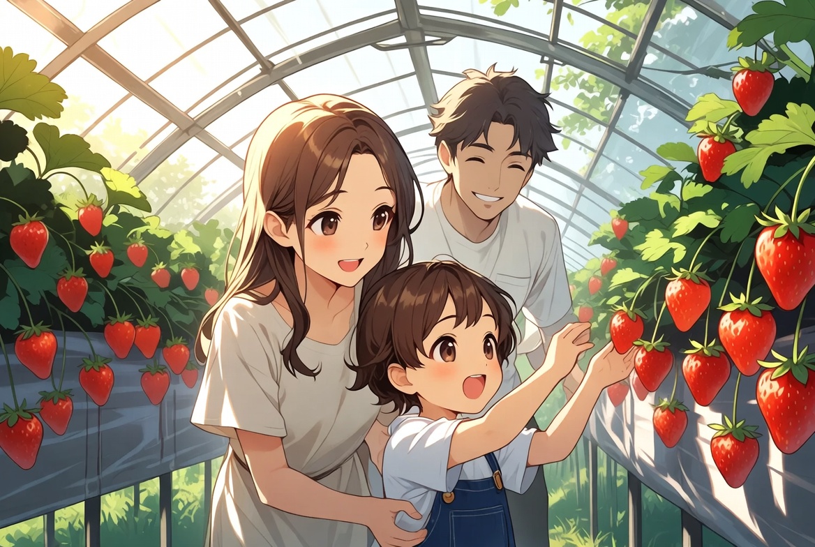 家族でいちご狩り