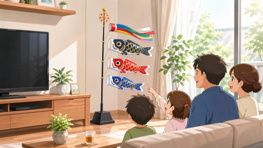 家族で楽しむ鯉のぼりのあるリビング