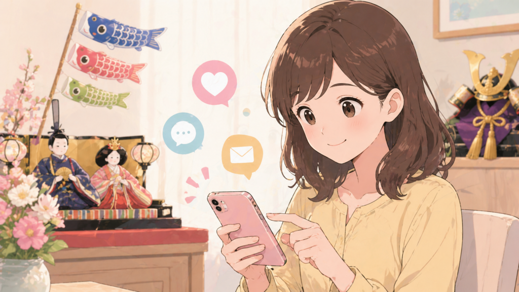 SNSで初節句のお祝いのメッセージを送る女性
