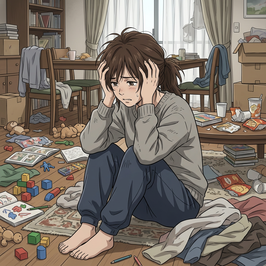疲れた母と散らかったリビング