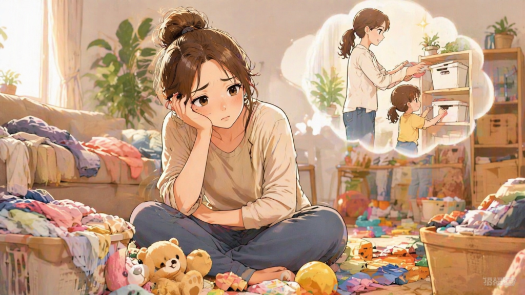 疲れた母と散らかったリビング