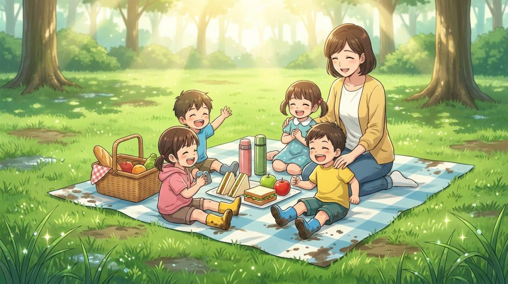 濡れた芝生でのピクニック