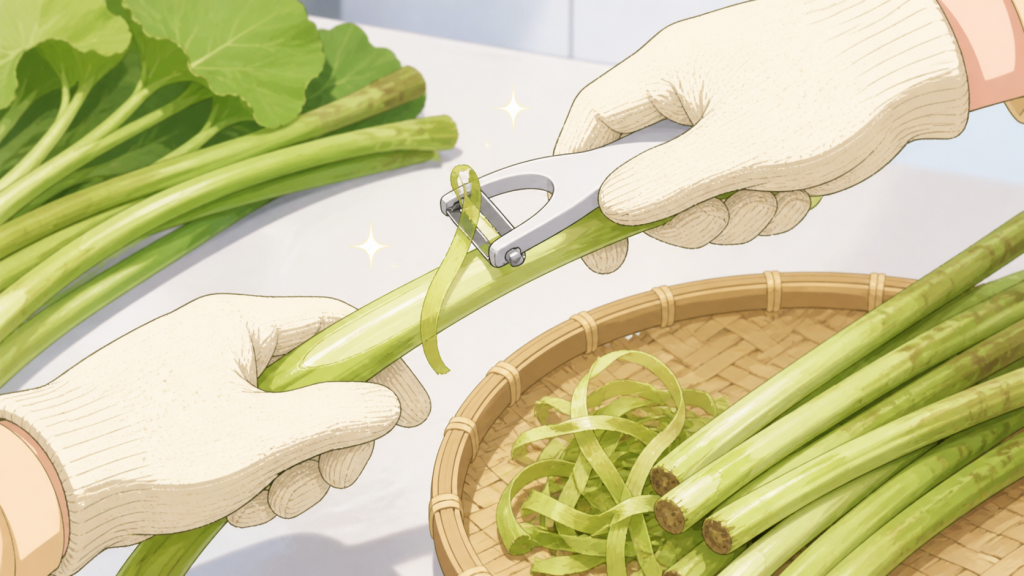 野菜用のピーラーでフキの皮をむく