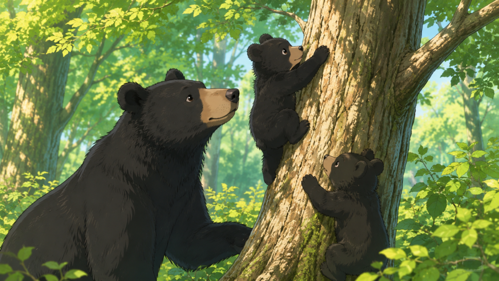 ツキノワグマの母親は、子グマに対して木の登り方や食料の探し方を教えます