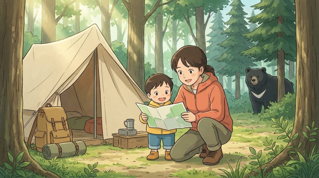 キャンプ中に遭遇するツキノワグマ