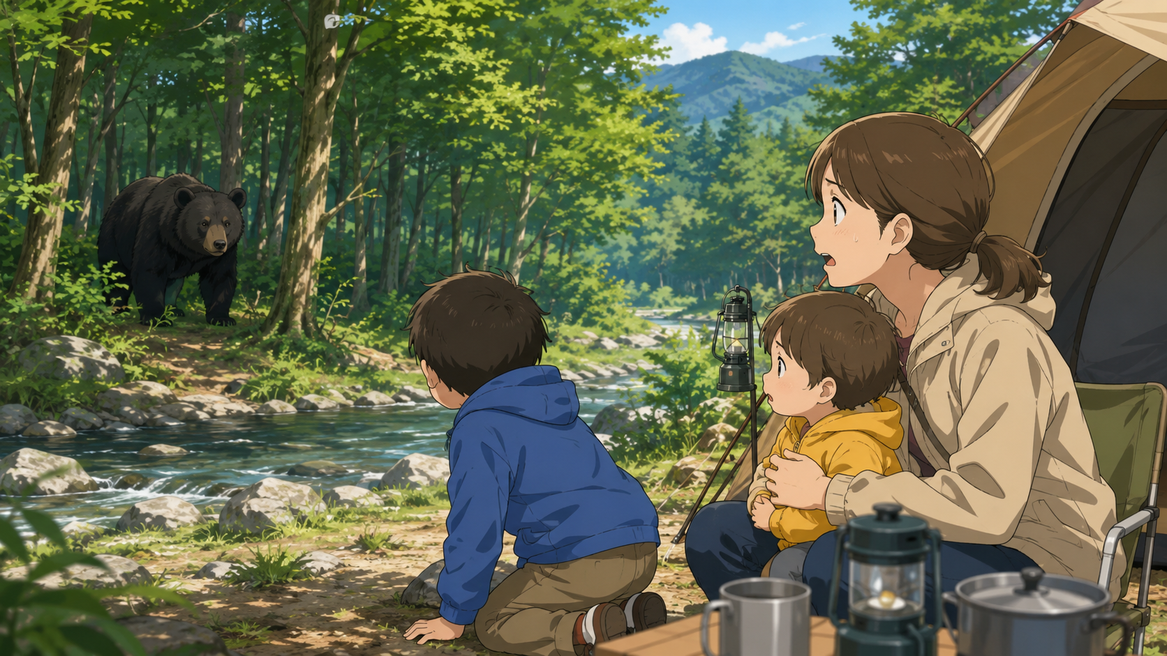 キャンプ中に遭遇するツキノワグマ